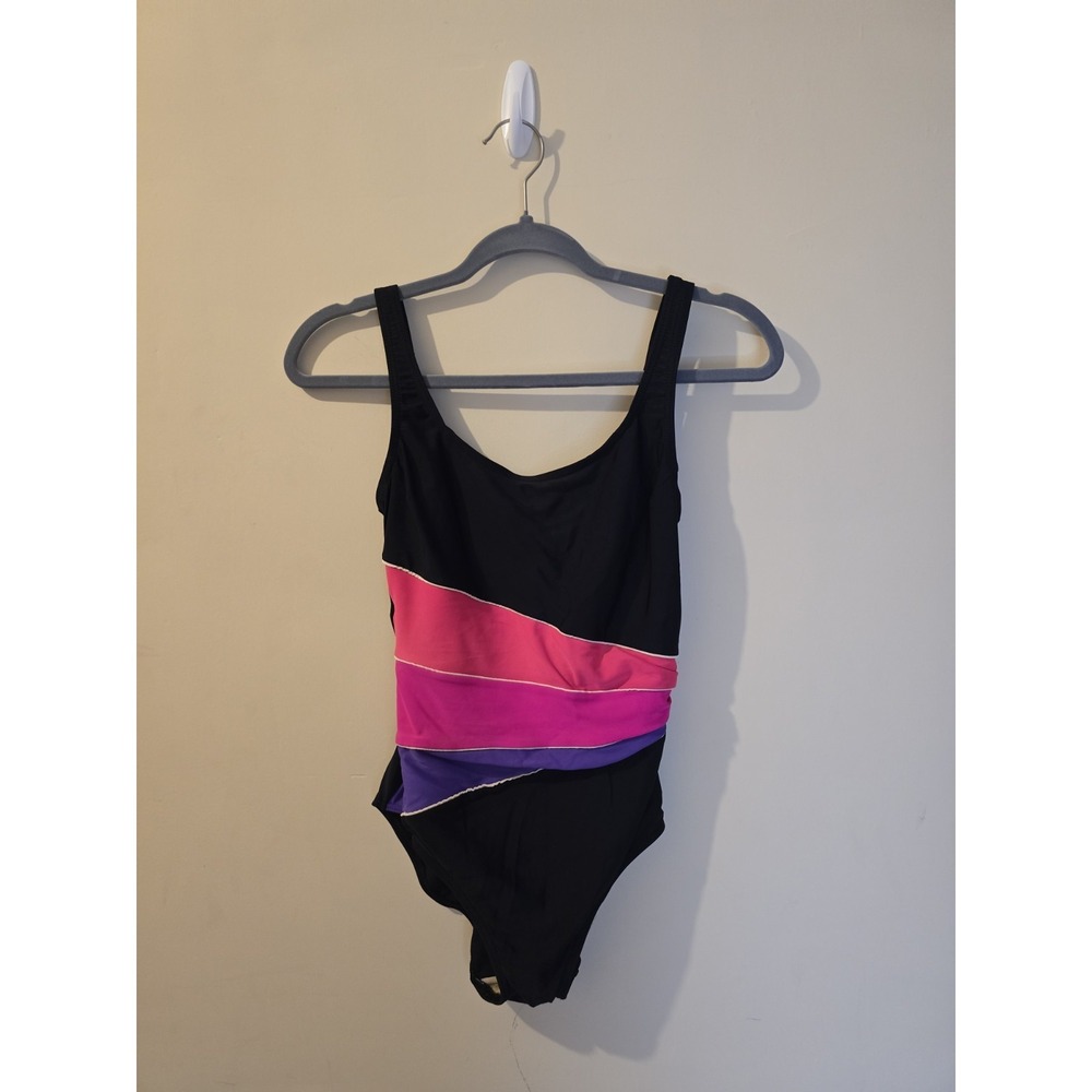 Vintage 90s Christina One Piece Swimsuit Pink Purple Stripe Color Block Size 10